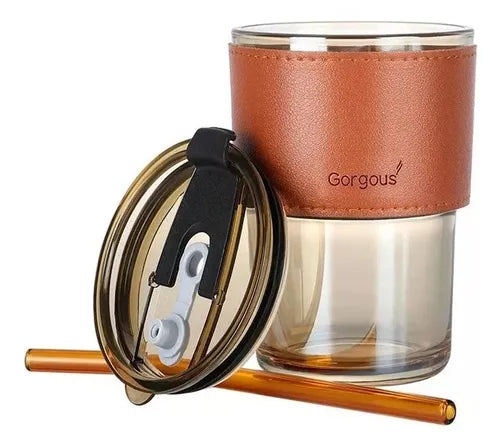 VASO DE VIDRIO TAPA Y PITILLO