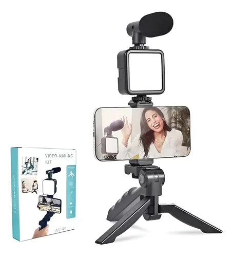 KIT GRABACIÓN MICROFONO ESTABILIADOR VIDEO LUZ LED PORTATIL