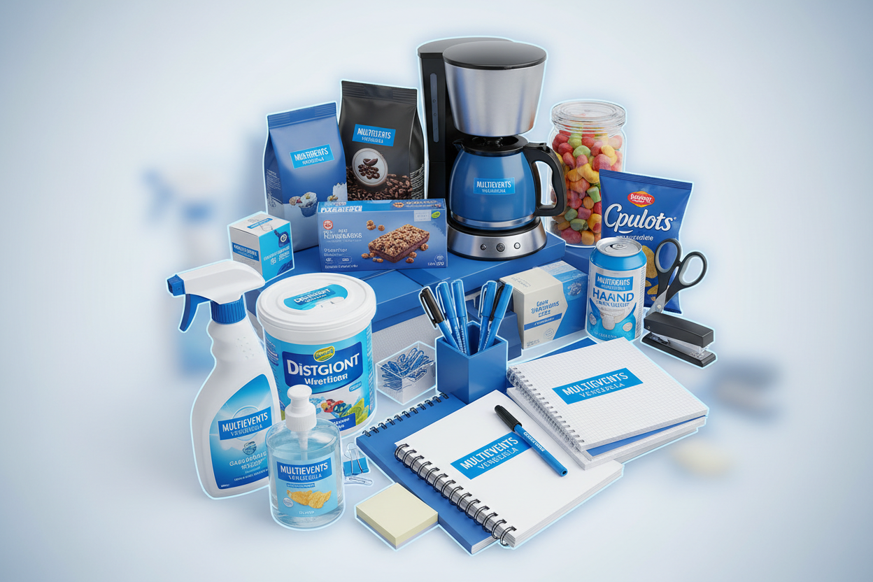 algo mas llamativo y que se vean mas los productos, que no sea tanto fondo, y que los productos tengan una etiqueta que diga multievents venezuela, en azul, algo que llame la atencion y que los productos sobresaltan en los bordes, algo asi como un collage